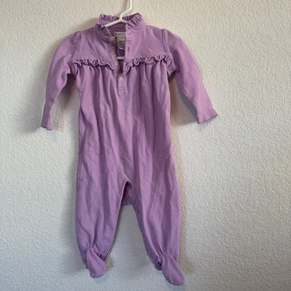 Ralph Lauren Footie Romper Baby Girl 9M Purple Ruffle Cotton Polo One Piece